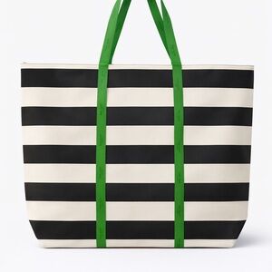 Kate Spade Striped Black and White Reusable Tote Bag with Green Straps — Large